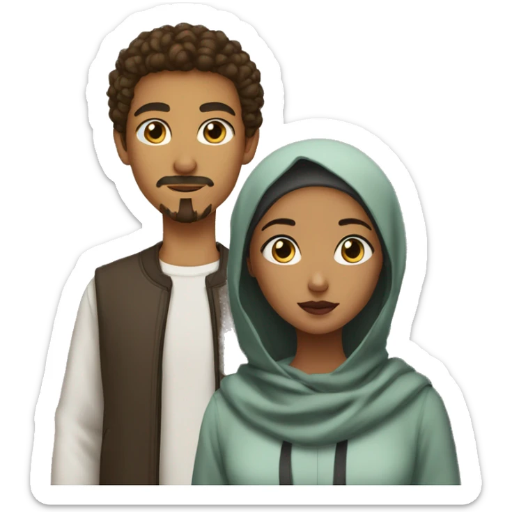 brown teen with short curly hair and goatee and moustache standing and black eyes next to a brown girl wearing a hijab sticker