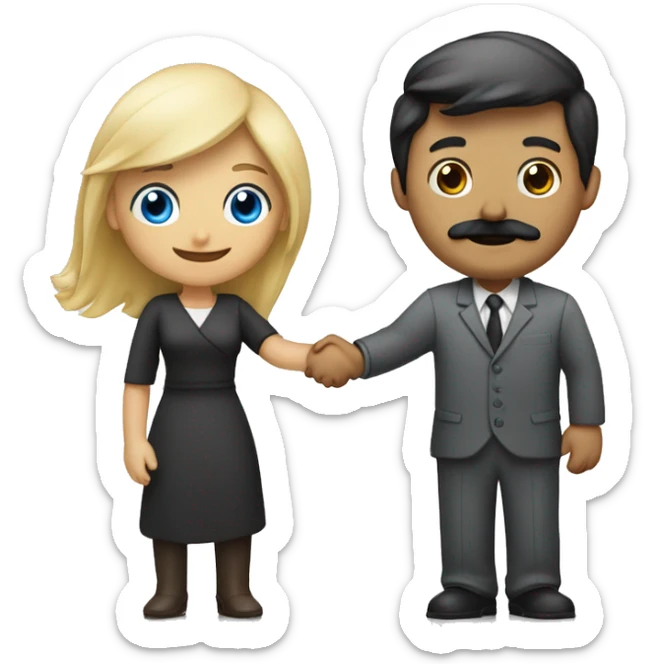 blond blue eyed woman shaking hands with dark hair dark eyed man with mustache sticker