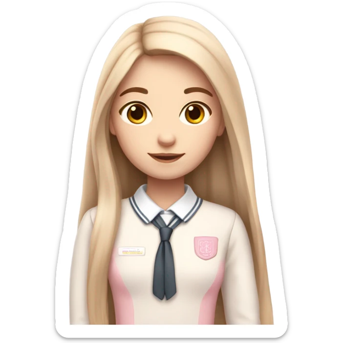 girl with fair skin, soft pink and white school uniform, long straight hair sticker