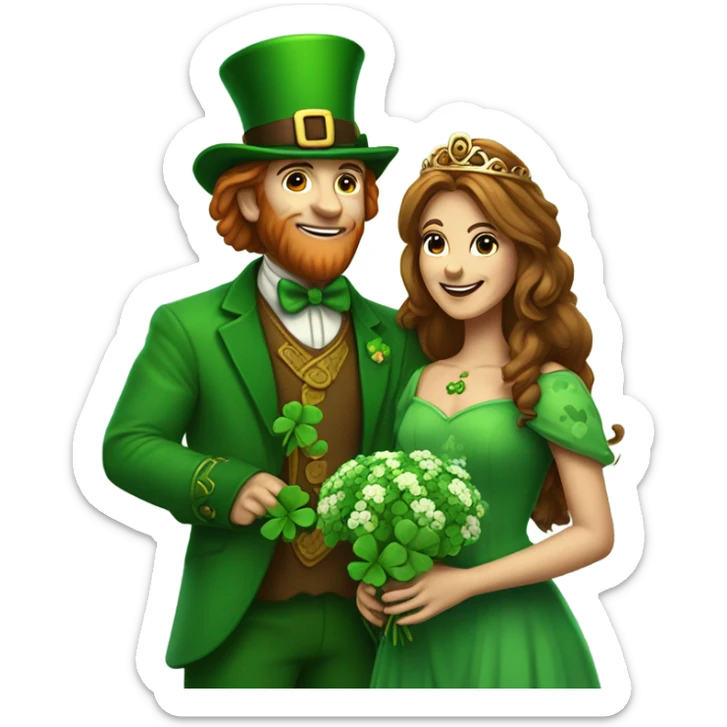Leprechaun giving flowers mixed with clovers to beautiful brown haired queen  sticker