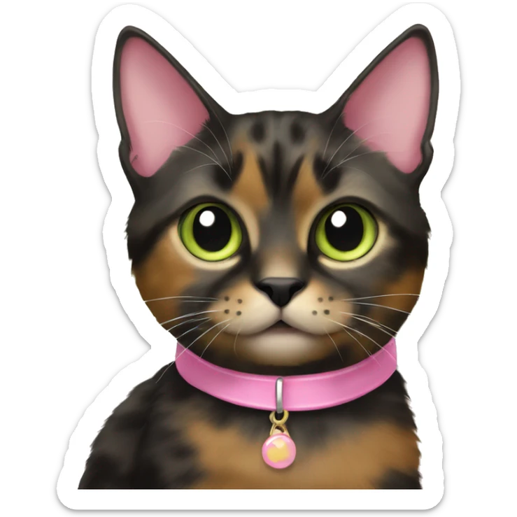 Tortie cat with black base and a little bit of brown fur with light green eyes wearing a pink collar sticker