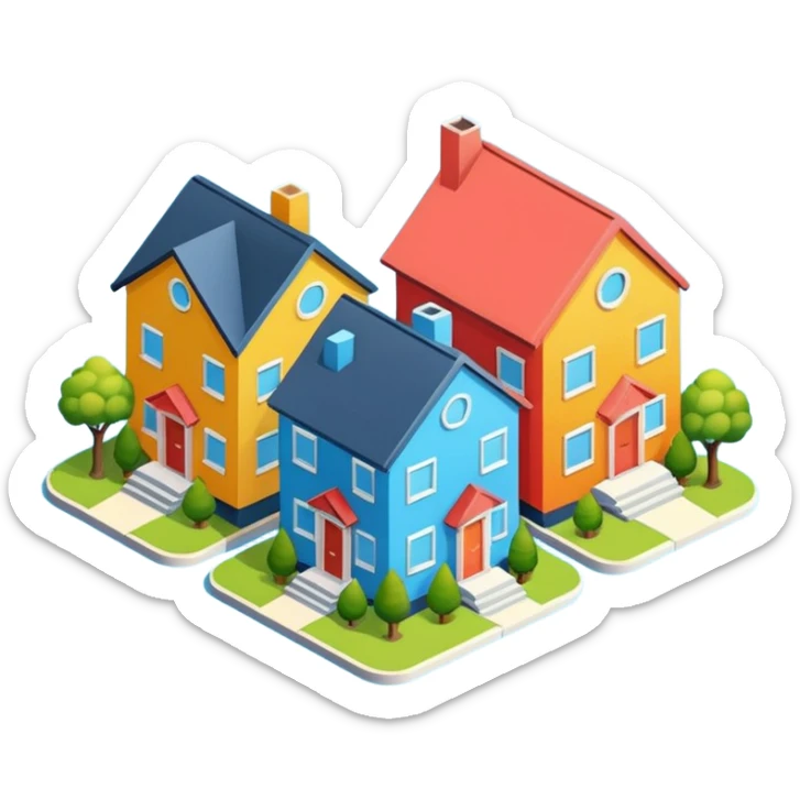 group of 3 houses representing neighborhood isometric houses on transparent background iphone like sticker