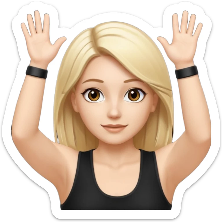 I want a white female dj animated gif emoji with long straight centre parting blonde hair, brown eye brows and putting hands up in the air. Wearing a black tight top with no sleeve sticker