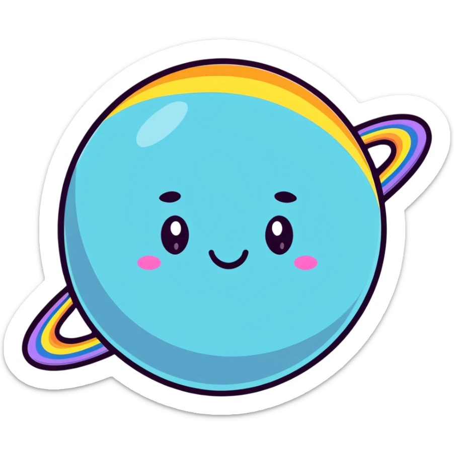 round planet with rainbow stripes in all colors and a cute happy face sticker