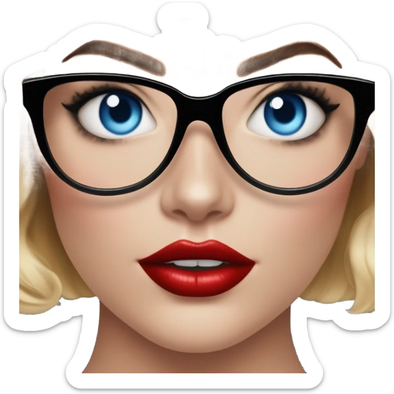  Margot Robbie, bright blue eyes and winged eye liner, red kisses, wearing black glasses  sticker