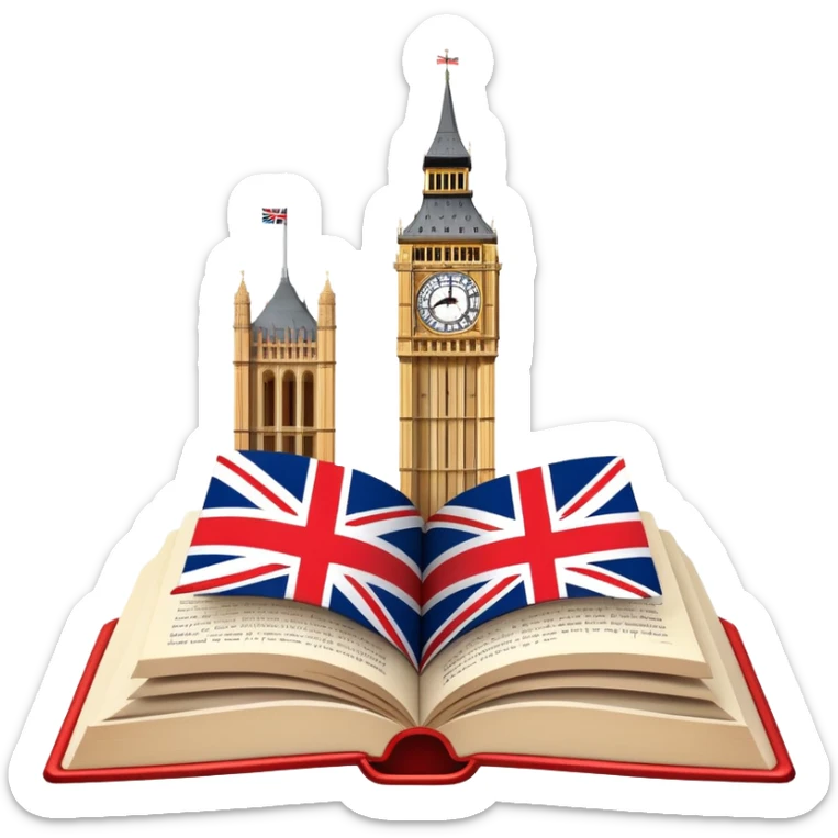 An icon featuring the Big Ben clock tower and the flag of the United Kingdom, symbolizing the English language. The design includes an open book with English words and phrases, representing language learning and cultural exploration. Transparent background  sticker