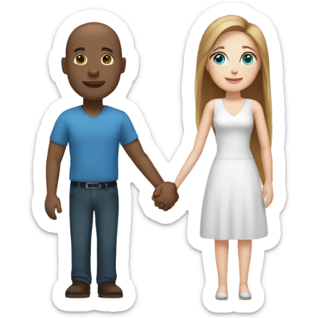 Bald black man holding hands with a white woman with long brown-hair and blue eyes sticker