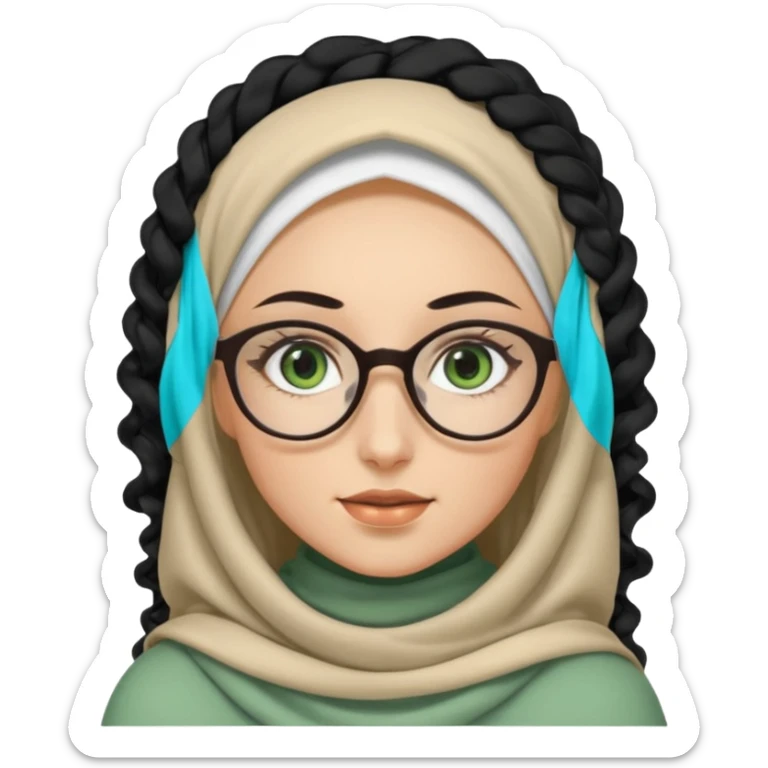 White hijabi girl with black eyes and black long hair white girl and black eyes wearing glasses and a white skin girl with curly honey hair and green eyes sticker