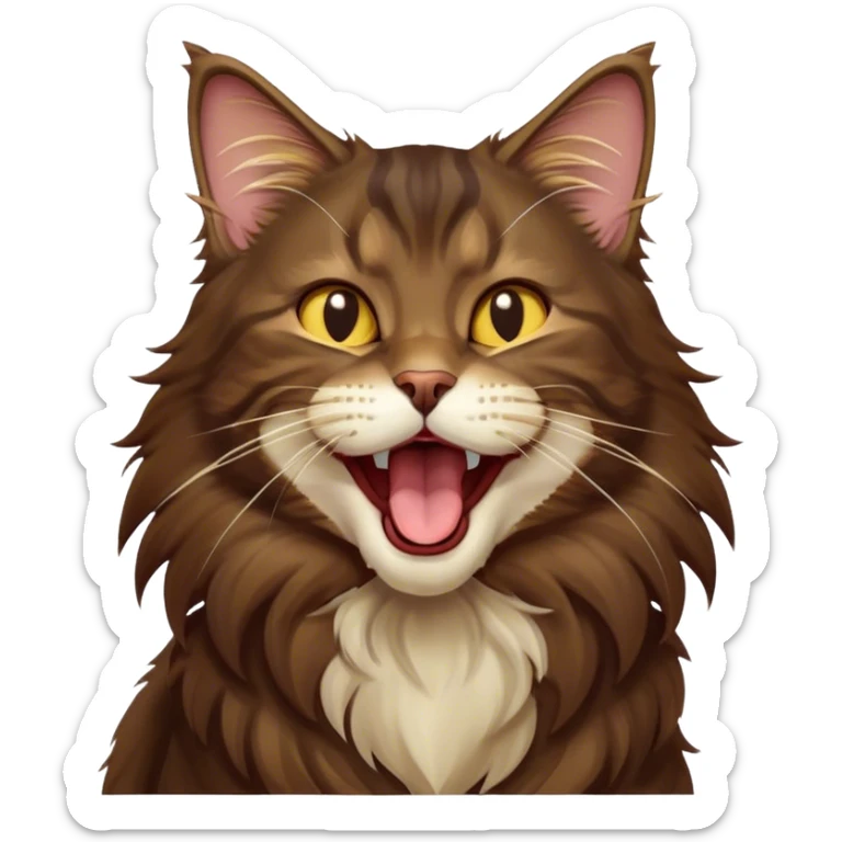 Cinematic Cute Dark Brown Maine Coon Cat Portrait Emoji, Head tilted playfully and yawning, sleek deep brown and gold tones with subtle hints of black, Simplified yet adorable features, highly detailed, glowing with a warm, friendly glow, high shine, curious and affectionate, stylized with a touch of whimsy, bright and alert, soft glowing outline, capturing the essence of a mischievous yet loving kitten, so endearing it feels like it could leap out of the screen and stretch with its fluffy tail swishing! sticker