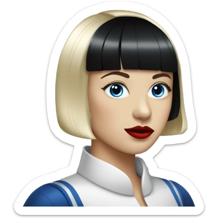 And adult white woman with blue eyes, a black bowl cut haircut, and red lips sticker