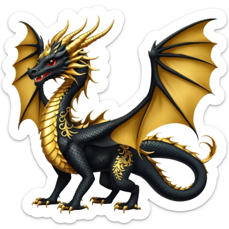 a golden dragon with two legs and two wings and one tail and black wings sticker