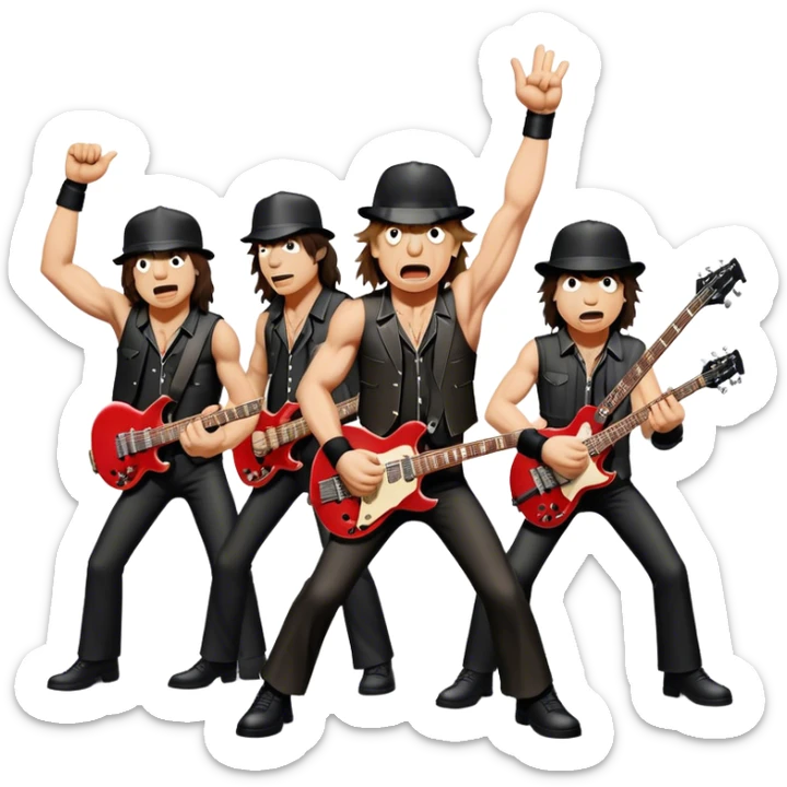 Cinematic Realistic AC/DC Band Emoji, depicted as a high-energy rock ensemble with electrifying stage presence and gritty textures, rendered with bold vibrant lighting that captures the raw power and rebellious spirit of their music. sticker