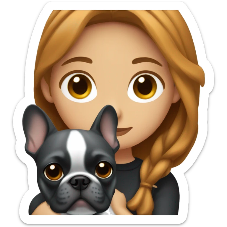caramel hair woman with dark eyes hugging dark gray french bulldog sticker