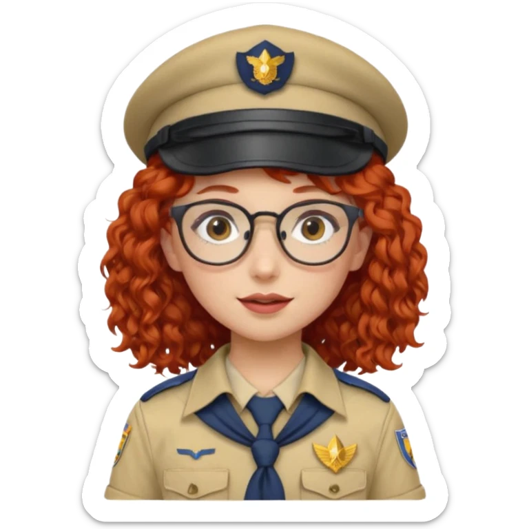 scout girl with red curly hair and uniform and hat and glassess sticker