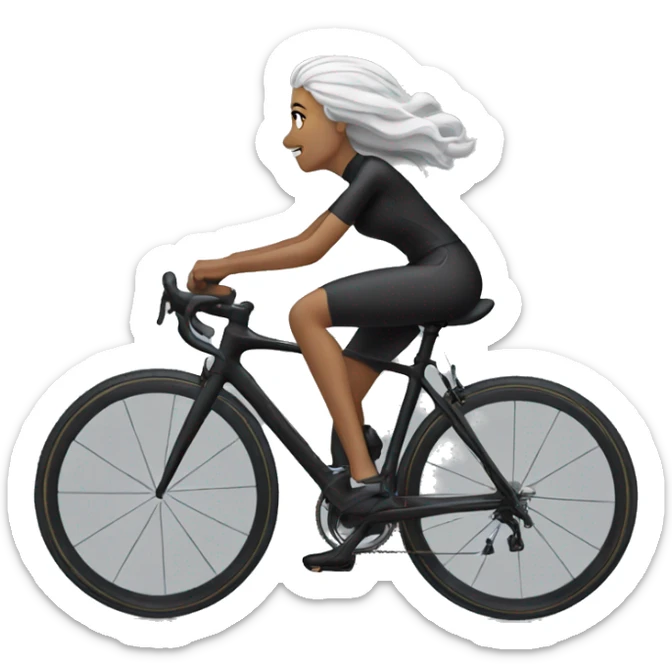 Roadcycling black bike, white cyclist wearing black clothes woman grey hair sticker