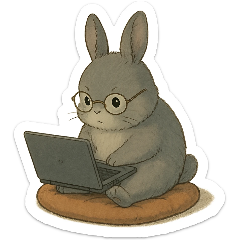 full-body round-faced gray bunny wearing glasses, sitting on a small cushion, working on a laptop with focused eyes, soft studio Ghibli vibe sticker