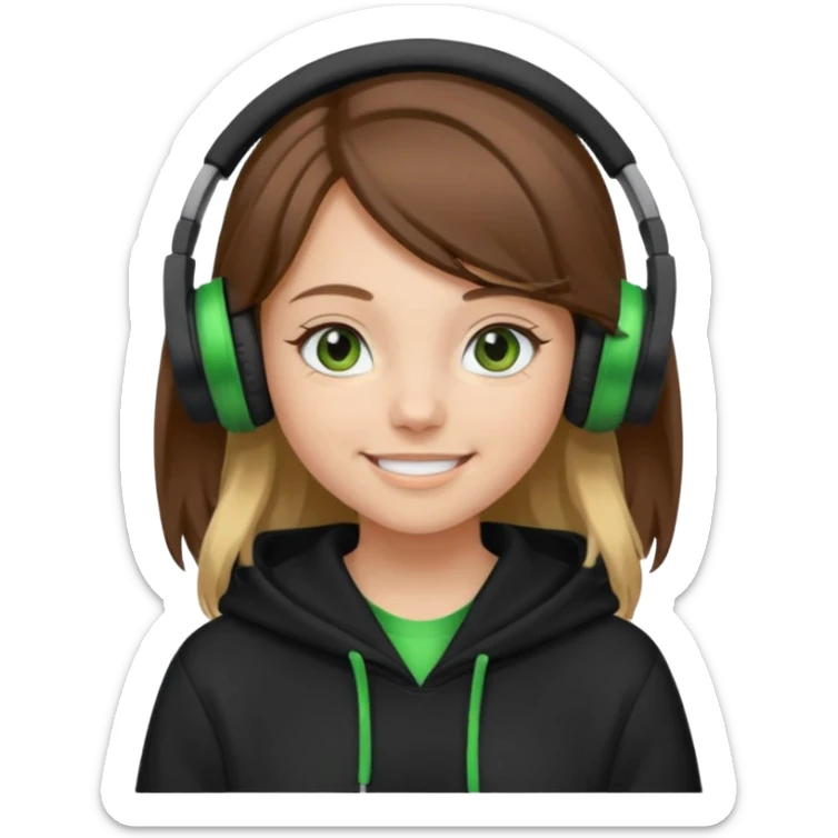 a girl with brown hair blonde ends green and wearing black headphones baggy hoddie she is happy  sticker