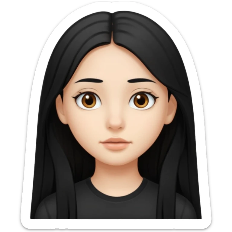 Cabelos pretos longos lisos ,olhos castanhos puxadinho para cima. Pele clara ,nariz pequeno ,lábios carnudos ,adolescente sticker