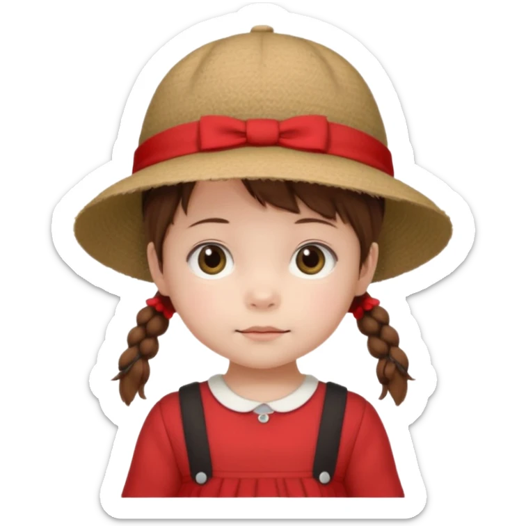 baby girl with brown hair and pigtails with a hat and red dress like My Neighbor Totoro movie sticker