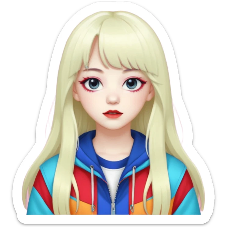  portrait-of-a-devil-k-pop-idol,-wearing-a-stylish-streetwear-outfit-with-layered-colorful-clothing,-long-hair-with-bangs,-makeup,- sticker