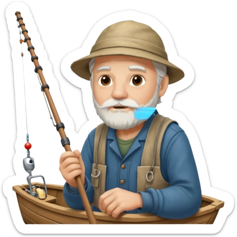 an old white haired, bearded man in fisherman attire, sat in a big boat on a calm sea, holding one fishing rod in one hand, with the end of the fishing line touching the water sticker