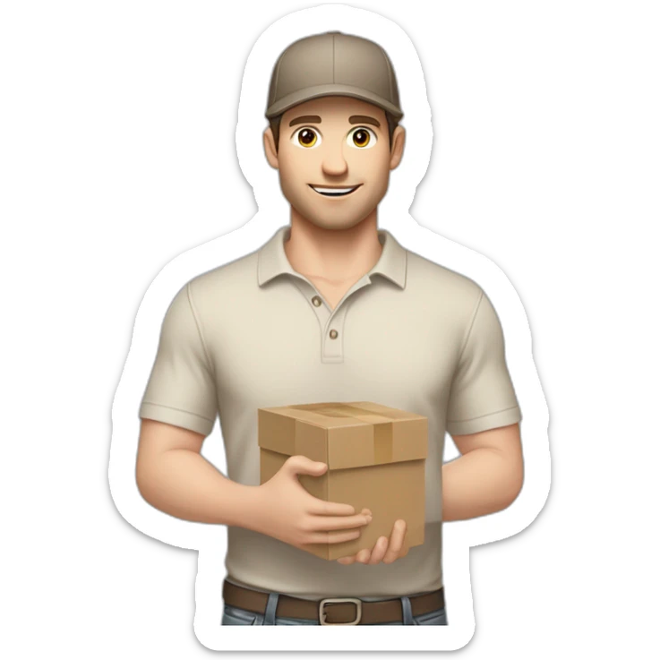 Pale skinned fit Man with dark brown hair in a beige cap, gray jeans, brown polo and white T-shirt keeping a pasted with tape white box into his hands sticker