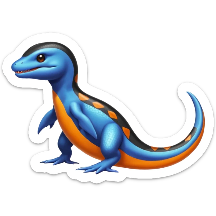 Shiny Black Koraidon-Latios-Salamander-Fakémon-hybrid-creature (full body) with orange belly sticker