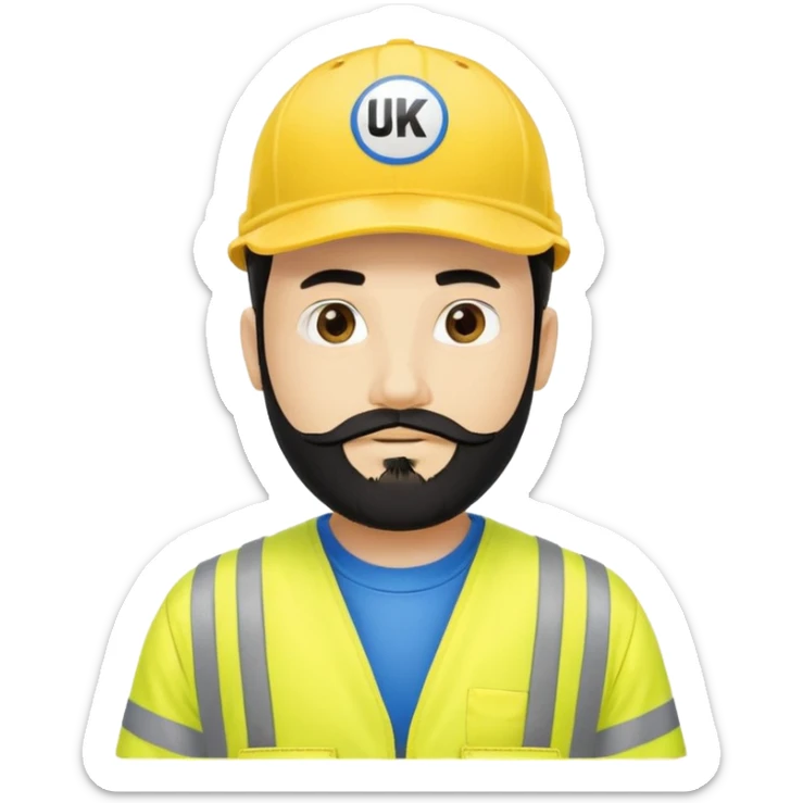 Man in yellow hi vis overalls, with black hair and full beard, with blue baseball cap saying ukpn sticker