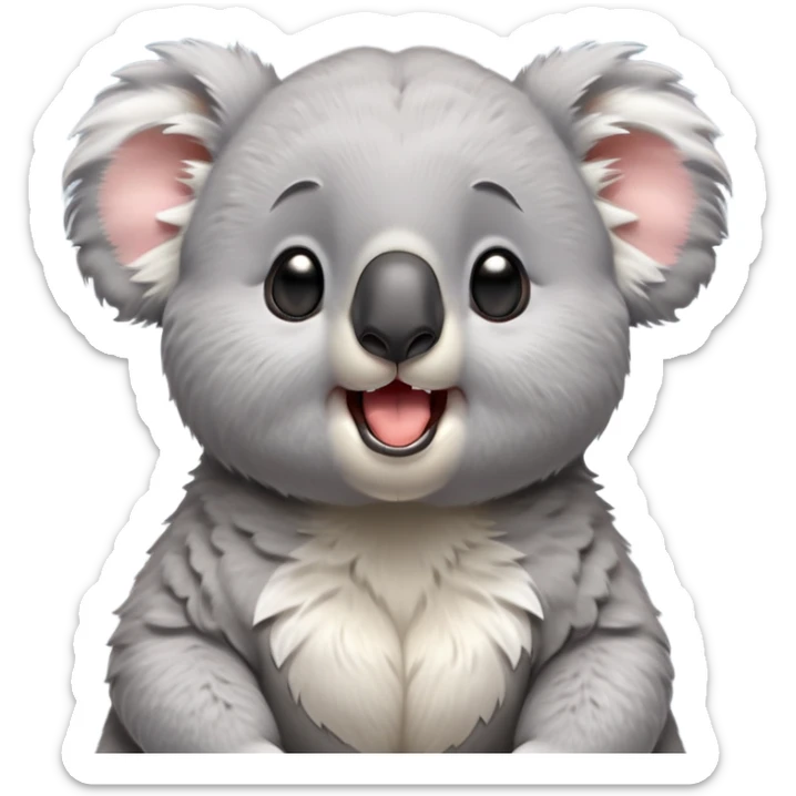 cinematic-cute-yawning-fluffy koala-portrait-emoji,-head-tilted-slightly-with-a-dramatic,-wide-open-yawn,-showcasing-a-soft,-downy-grey-fur-with-drooping-ears-and-round-eyes-barely-open-in-drowsy-contentment,-simplified-yet-irresistibly-adorable, realistic fluffy sticker