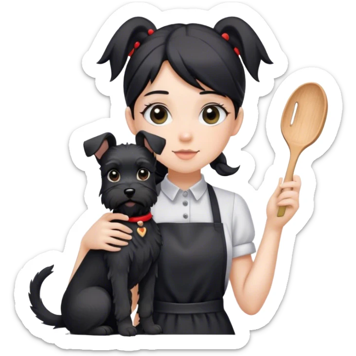 pale girl with long back hair wearing black long shirt wearing apron holding black floppy ear schnauzer sticker