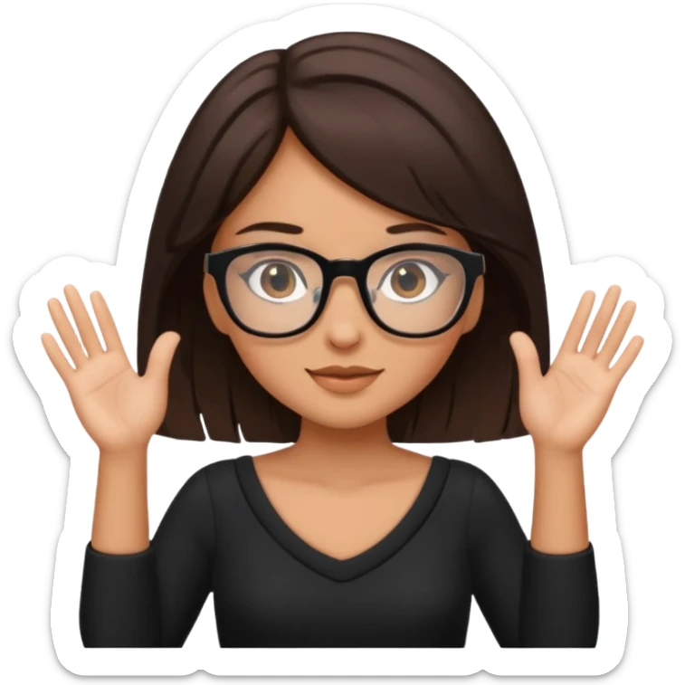a cute brunette girl in a black dress wearing glasses  with two hands  sticker