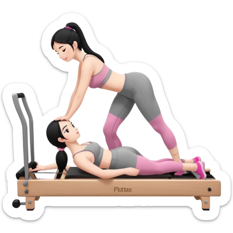 Create a Pilates emoji: a girl with fair skin and black hair, wearing a grey bra and grey leggings with pink pilates socks, on all fours on a wooden reformer. Make it look at the reformer. Make the colors neutrals. sticker