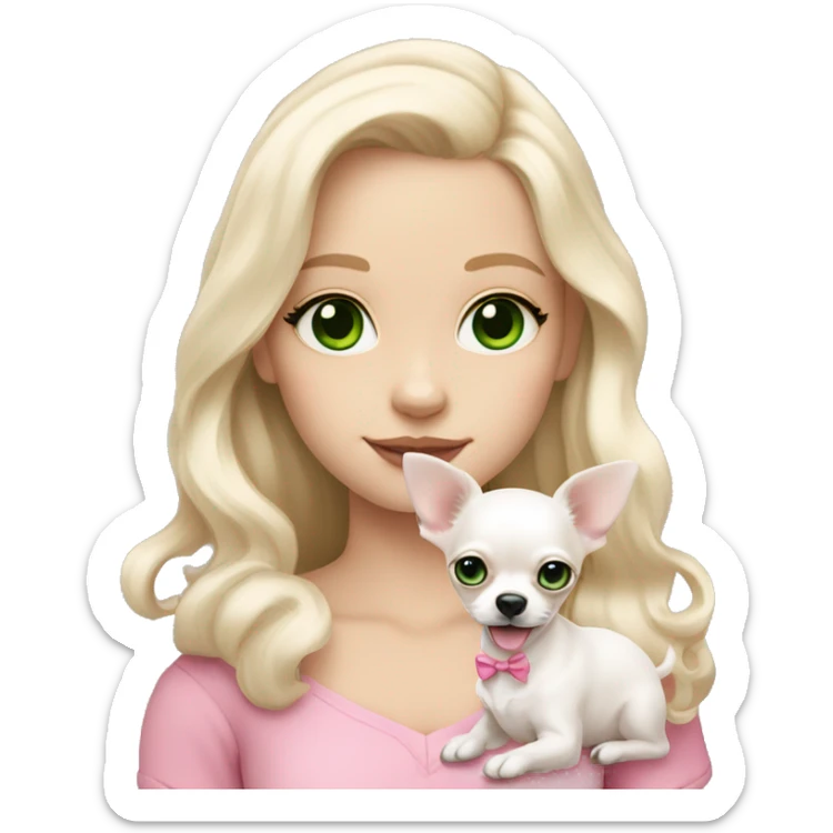 pale blond girl with wavy long platinum hair with green eyes holding a white chihuahua puppy that wearing a pink bow sticker