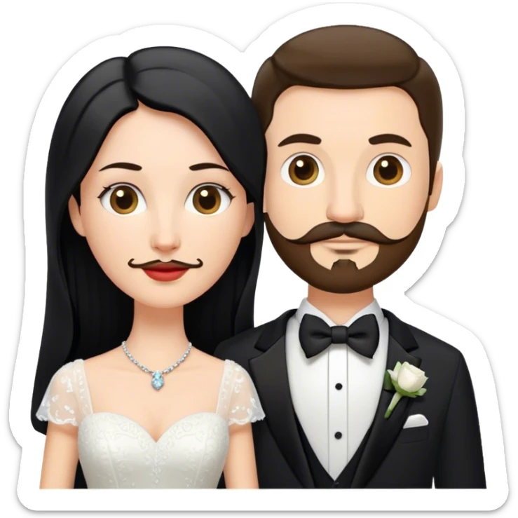 couple, a white woman with long black hair, and a white man with short brown hair goatee mustache, wedding sticker