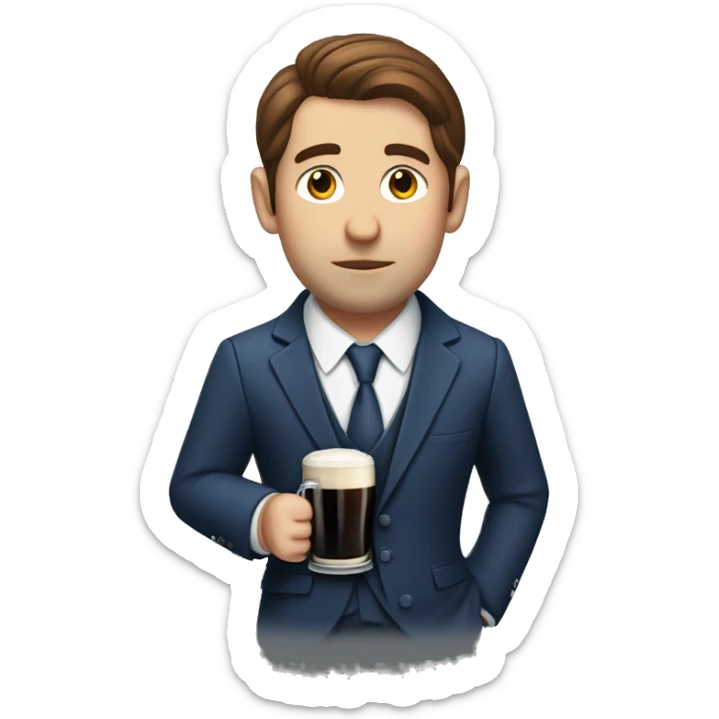 Sad Caucasian man with brown slick hair wearing a blue pinstripe suit drinking a Guinness by himself sticker
