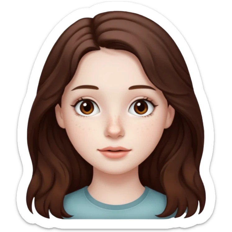 20 year old woman with pale skin, lots of dark freckles, rosy cheeks, and long straight/wavy brunnette hair. sticker