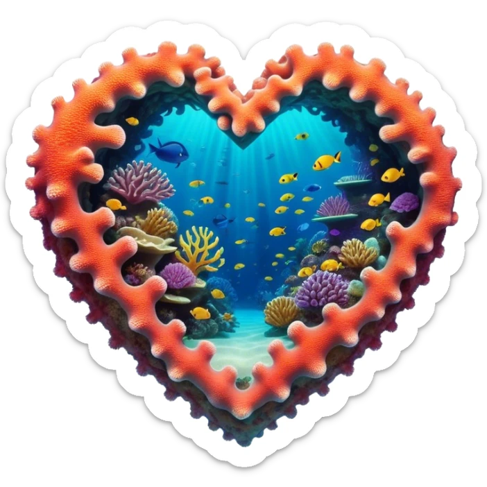 Cinematic Realistic Heart Reef Landscape Emoji, depicted with a naturally heart‚Äêshaped coral formation in vibrant marine hues, rendered with detailed underwater textures and luminous lighting. sticker