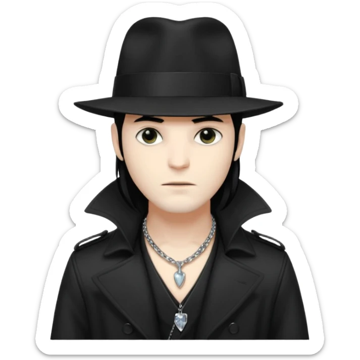 Male Goth with Fedora
 Sleek long hair, white skin, black trench coat, silver necklace visible under coat sticker