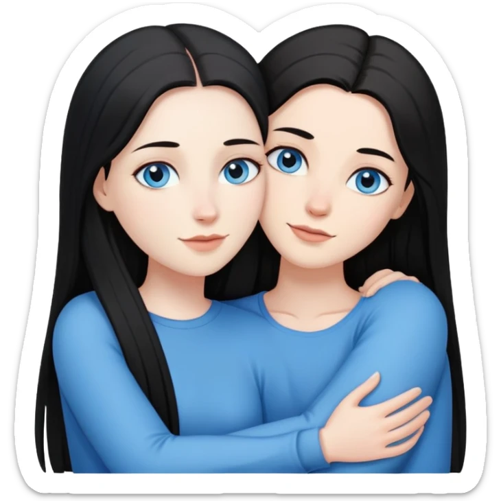 Lesbian couple with white skin. One with long straight black hair. One with long straight brown hair. Both with blue eyes. In a loving embrace sticker