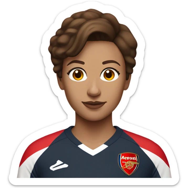 Pretty woman with short brown hair wearing an Arsenal jersey sticker