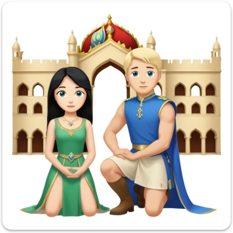 Man as king, black Hair, blue eyes, woman, blonde, green eyes, shott white sleveless Dress, kneeling, background palace sticker