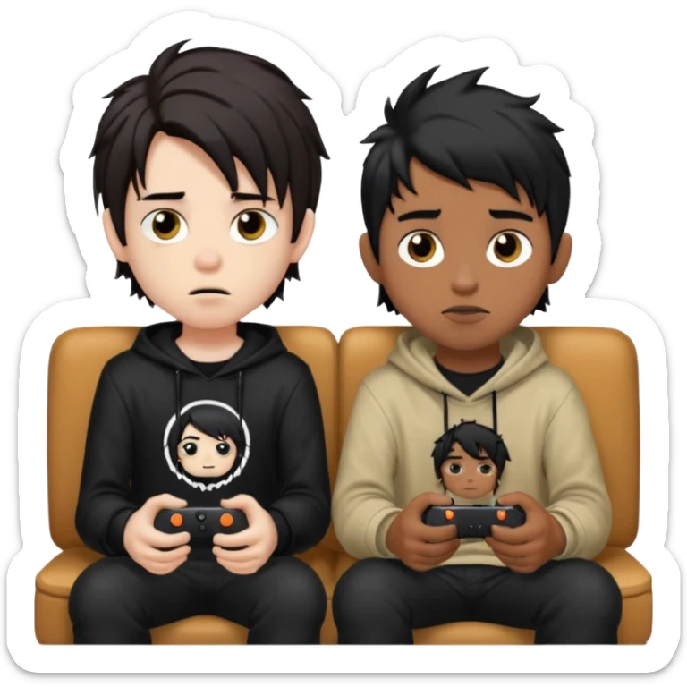 pale Goth boy with a bunch of face piercings, with shaggy dark brown hair, next to a Carmel  skin gamer boy with long black hair , they are watching tv together  sticker