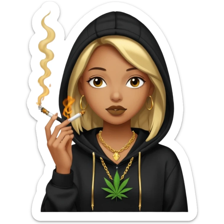 A girl wearing a black oversized hoodie with a gold necklace  smoking weed￼ sticker