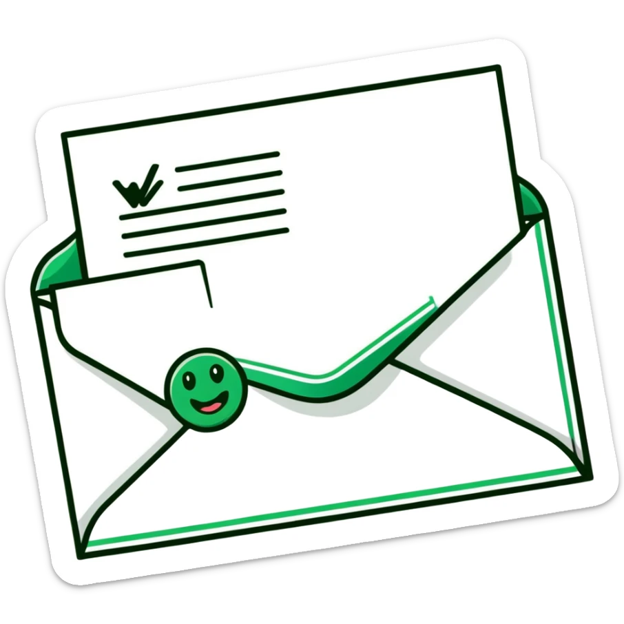 Minimalist Maya-inspired emoji showing happy face receiving a letter, white and deep green only, flat design, clean lines sticker