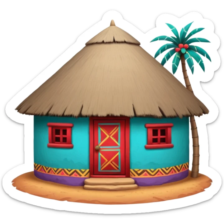 African mud hut tribal house, round adobe clay hut, thatched roof, bright colorful paint, walls in turquoise, red, yellow, purple, tribal patterns, cute mobile game icon, 3D cartoon, soft shadows, clean background, no text, no watermark sticker