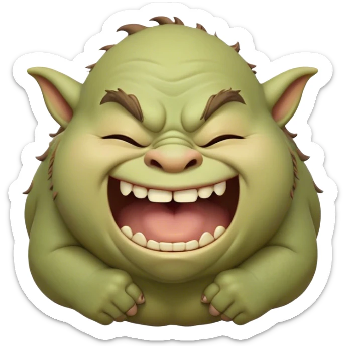 Cinematic Cute Yawning Ogre Portrait Emoji, with a surprisingly cuddly, rotund figure in soft earthy greens and browns, head tilted back in a big, gentle yawn exposing a set of comically oversized teeth, simplified yet irresistibly adorable, highly detailed with a soft glowing outline that captures the sleepy charm of a friendly ogre after a long day of gentle mischief! sticker