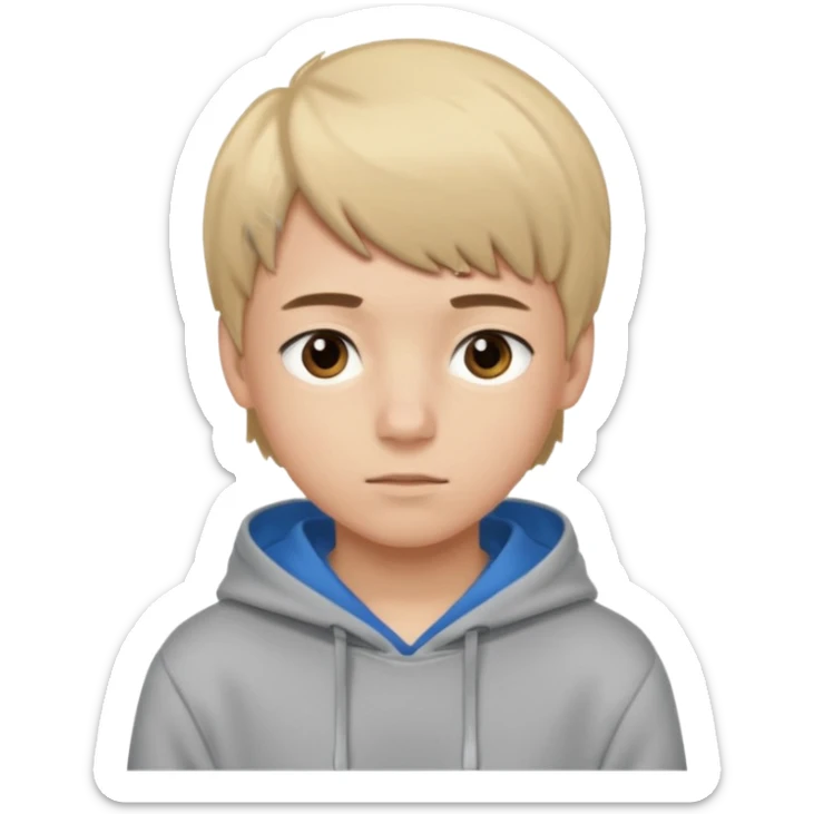 Teen boy with blue eyes mixed with a little Brown eyes and a Grey hoodie who stands up with blond short hair and short bangs sticker