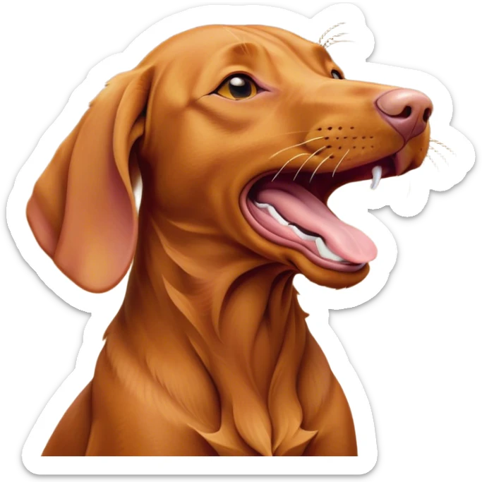 Cinematic Cute Yawning Vizsla Portrait Emoji, Head tilted slightly with a dramatic, wide-open yawn, showcasing a smooth rust and gold Fur with a subtle shimmer, floppy ears slightly drooping, round amber eyes barely open in drowsy contentment, Simplified yet irresistibly adorable features, highly detailed, glowing with a soft, cozy glow, high shine, relaxed yet expressive, stylized with a touch of whimsy, bright and endearing, soft glowing outline, capturing the essence of a sleepy yet affectionate companion, so drowsy it feels like it could stretch out of the screen and curl up for a nap! sticker