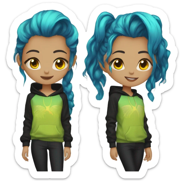 Lady with brunette and iridescent blue hair, gold, lime green dragon wings, black hoodie, bleach dyed, black and gold Nike t shirt, and bright red eyes sticker