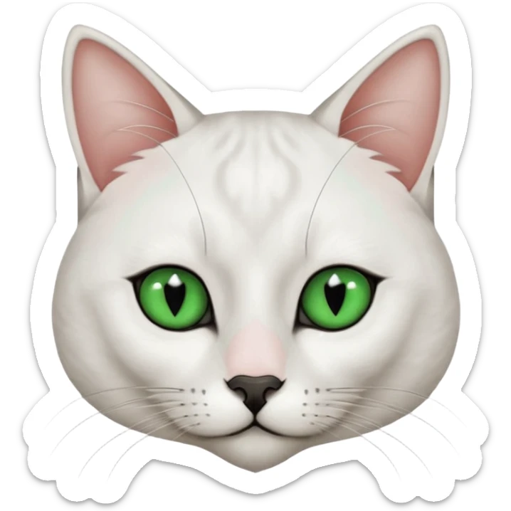 Haz una gata de ojos verdes la cara blanca con mancha negra en las orejas que agarra parte de la frente del lado der pero del iz va desde el ojo hasta la oreja la mancha, tiene la nariz negra en forma de corazón y todo lo que sobra de la cara, barbilla la nariz arriba y el lado de bigotes es blanca sticker
